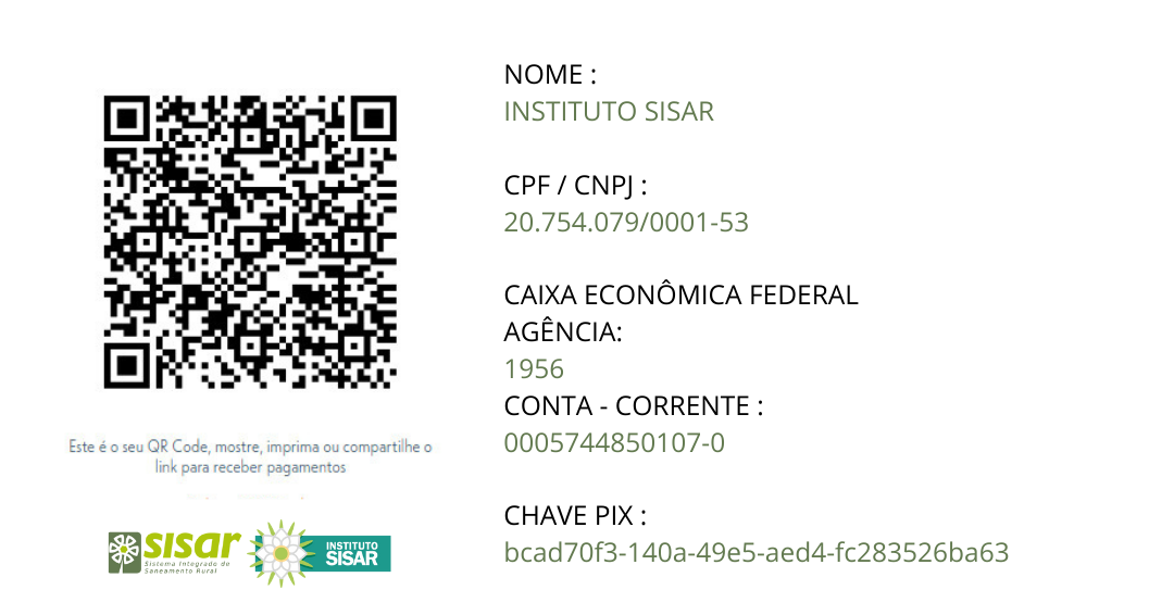 NOME INSTITUTO SISAR CPF CNPJ 20.754.0790001-53 CAIXA ECONÔMICA FEDERAL AG 1956 CONTA - CORRENTE 0005744850107-0 CHAVE PIX bcad70f3-140a-49e5-aed4-fc283526ba63 (2)